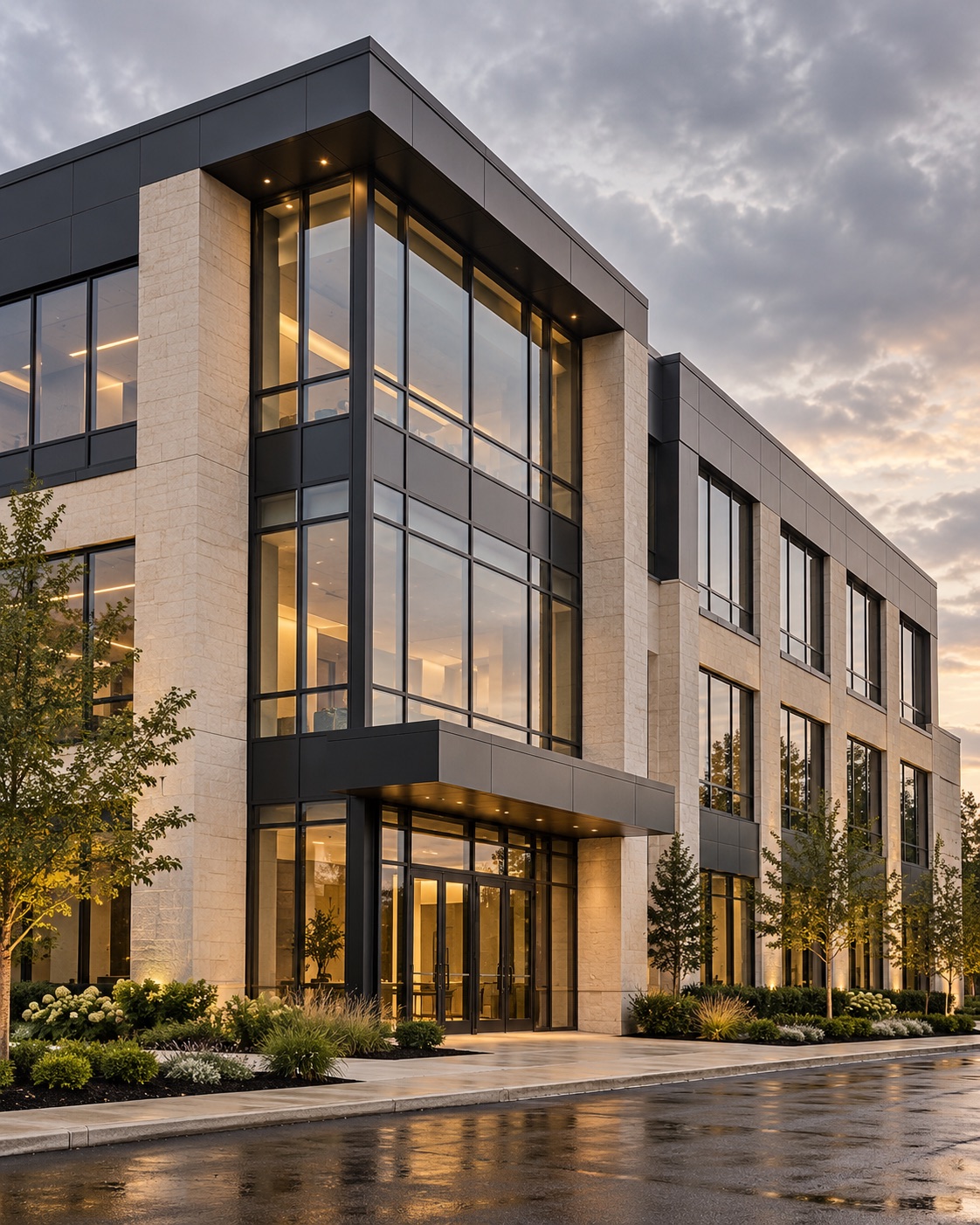 Modern commercial building with glass windows and a stone facade